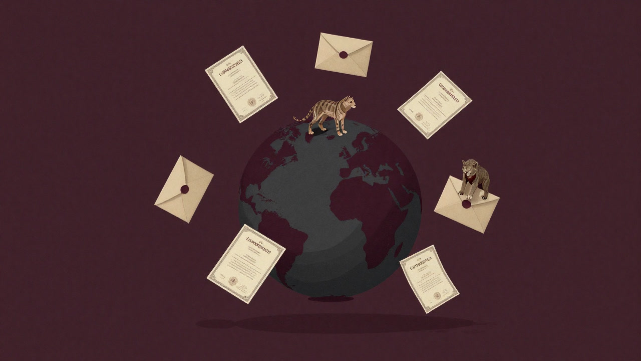Illustration of certificates flying around a globe while wild animals are packed into envelopes