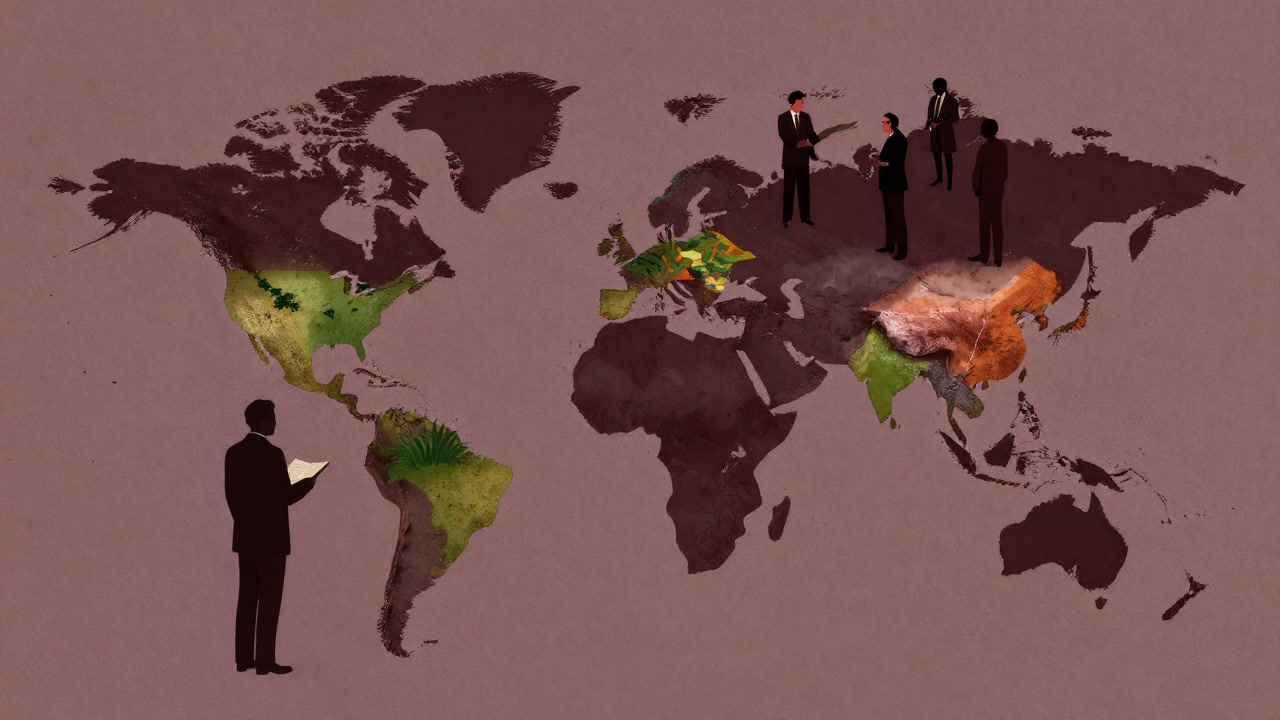 世界地図上で鮮やかな色でハイライトされた生物多様性ホットスポットと、それを見下ろす学者たちのシルエット