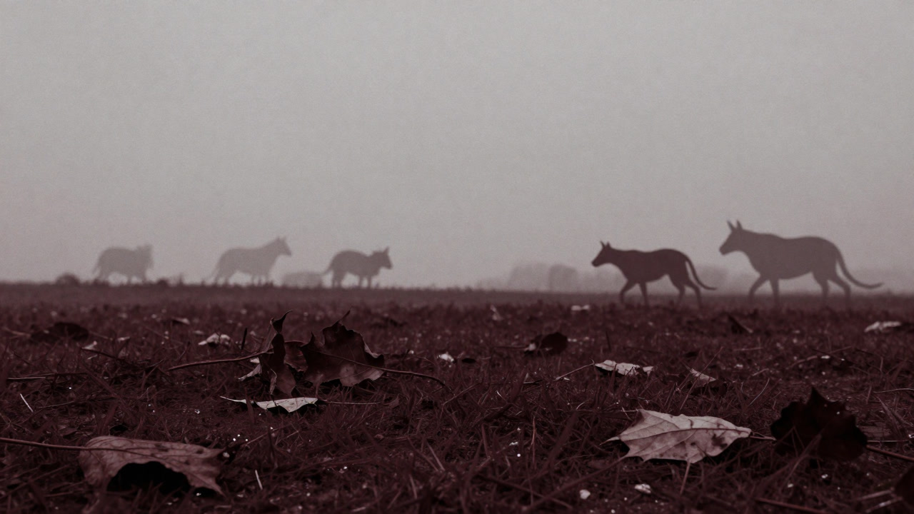 枯れ葉と消えゆく生き物のシルエットが重なる荒涼とした風景