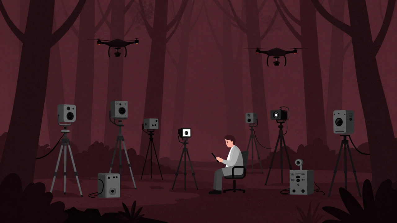 Photo of a field full of camera traps and sensor devices, trying to dominate nature with numbers