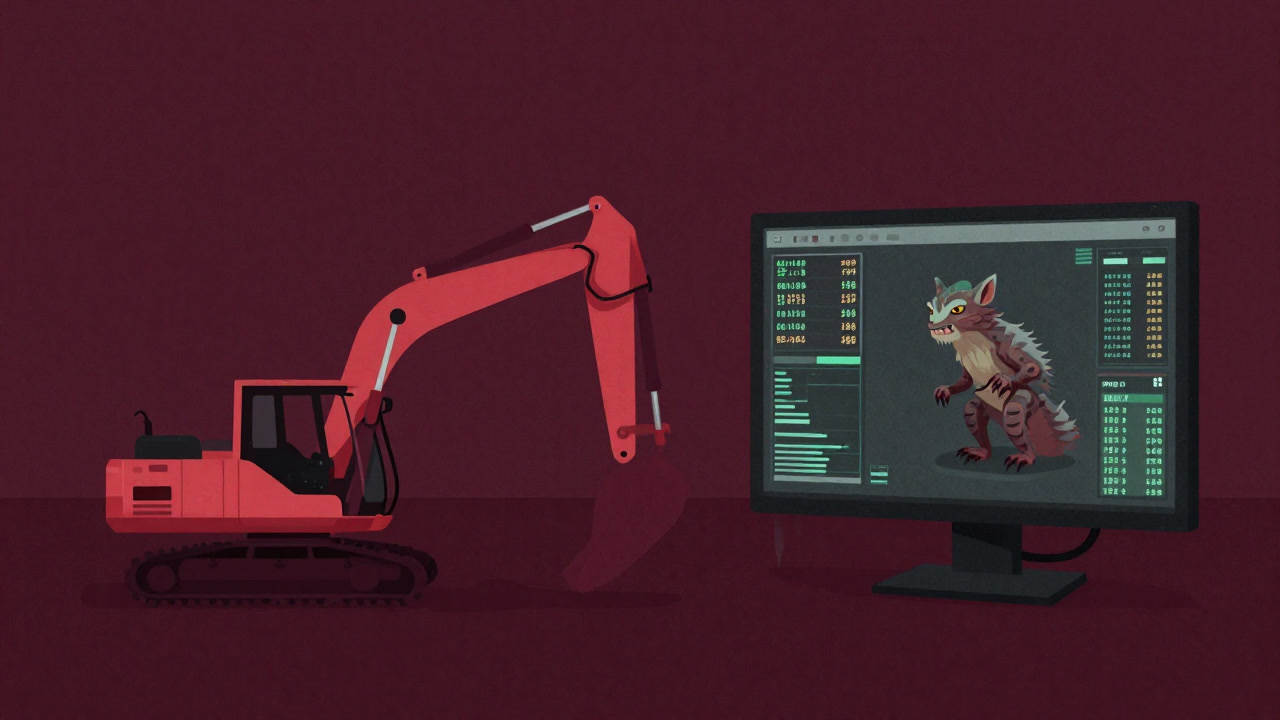 重機の横で数値化された蝶々がディスプレイに並ぶ、シュールなイラスト