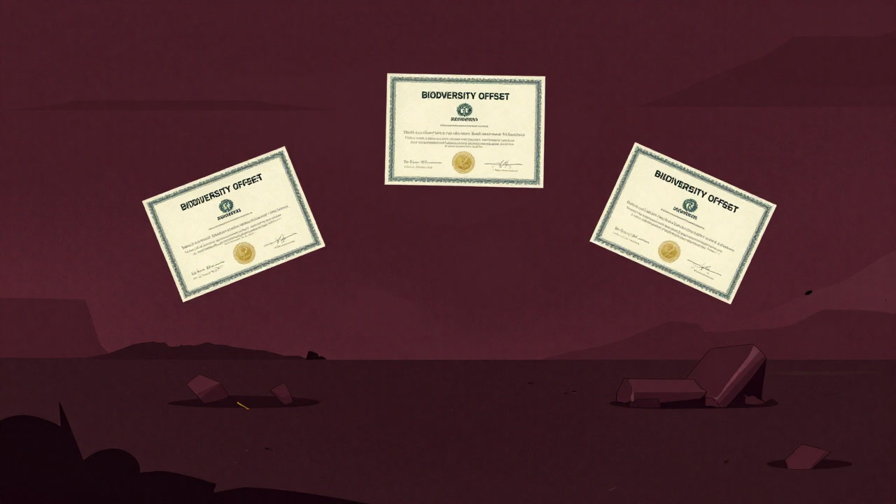 A satirical illustration of offset certificates floating over a destroyed development site