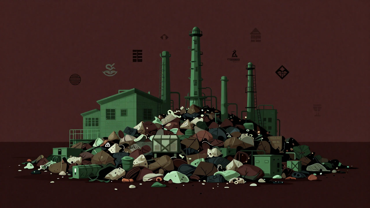 Illustration of a mountain of bio-waste intertwined with biomass plants, corporate logos floating eerily above