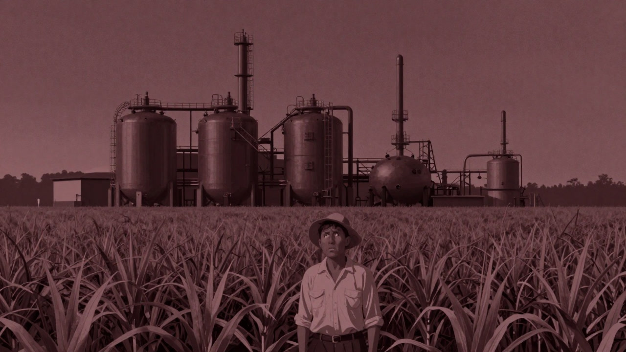 A vast sugarcane field with a looming fermentation plant in the background, while a farmer looks on in bewilderment