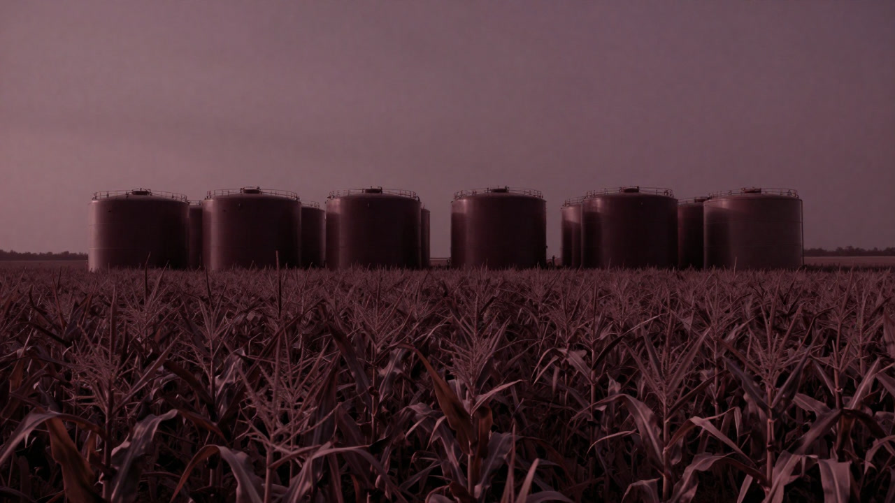 トウモロコシ畑の向こうに燃料タンクが立ち並ぶ奇妙な風景