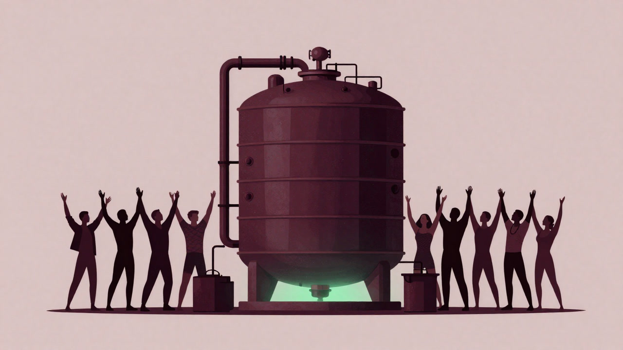 発酵タンクから緑色のガスが吹き出し、環境派の人々が賛美のポーズを取るイラスト