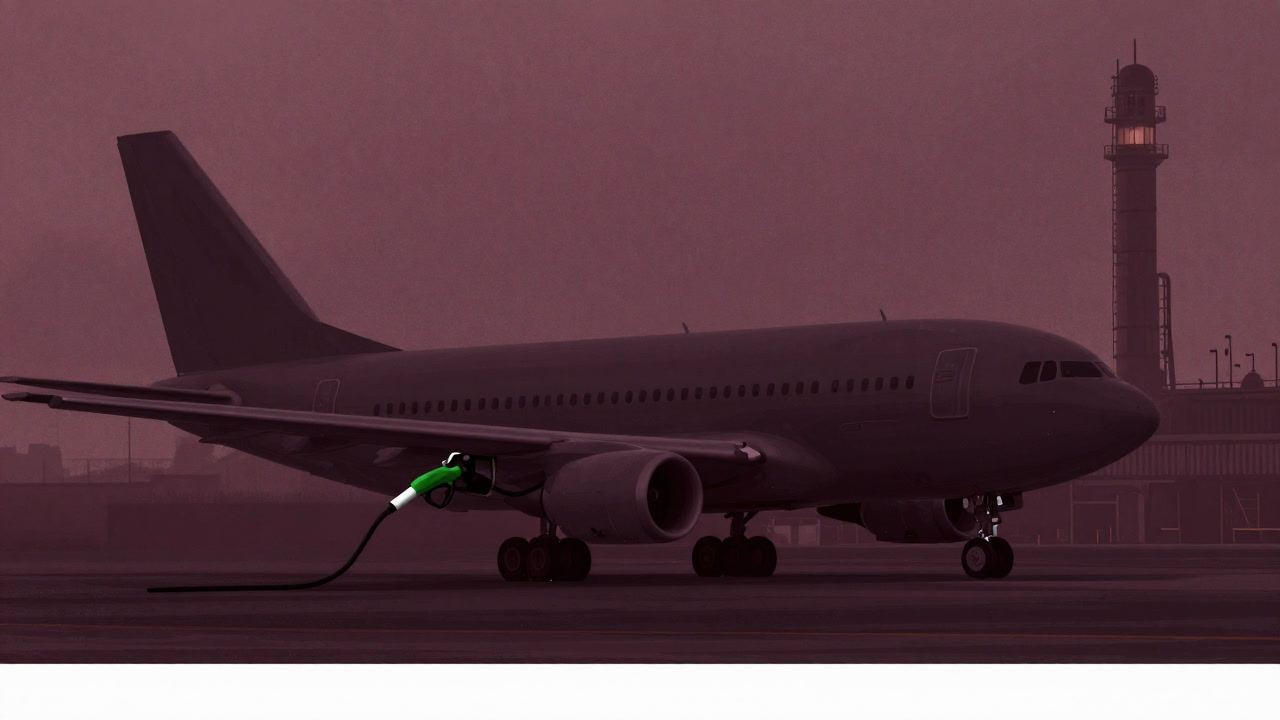 Image of teal-colored fuel being poured into a tank with a plane taking off in the background.