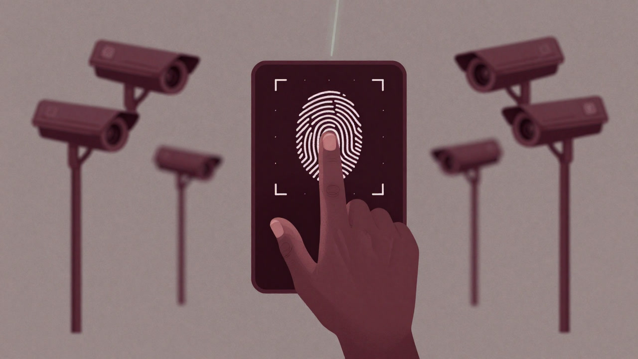 Illustration of a hand pressing on a fingerprint sensor against a backdrop of corporate symbols