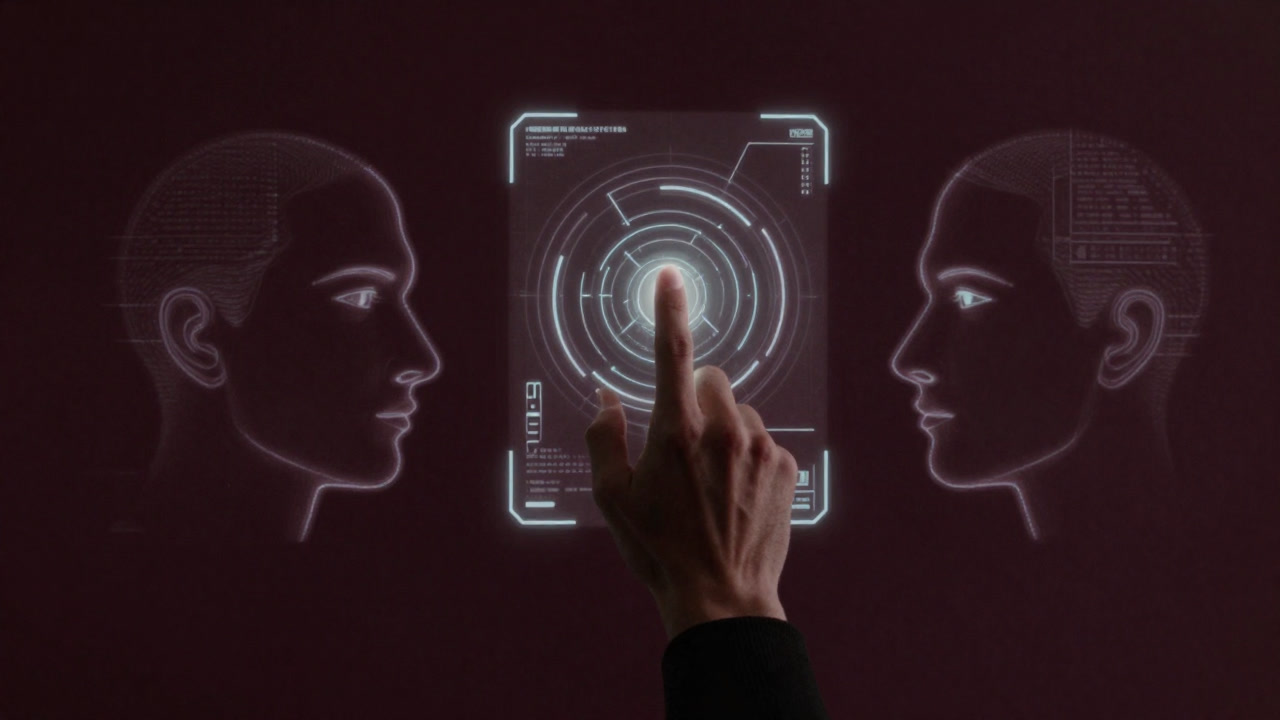 A dimly lit futuristic scene showing a person placing their finger on a glowing biometric scanner, surrounded by holographic facial recognition outlines.
