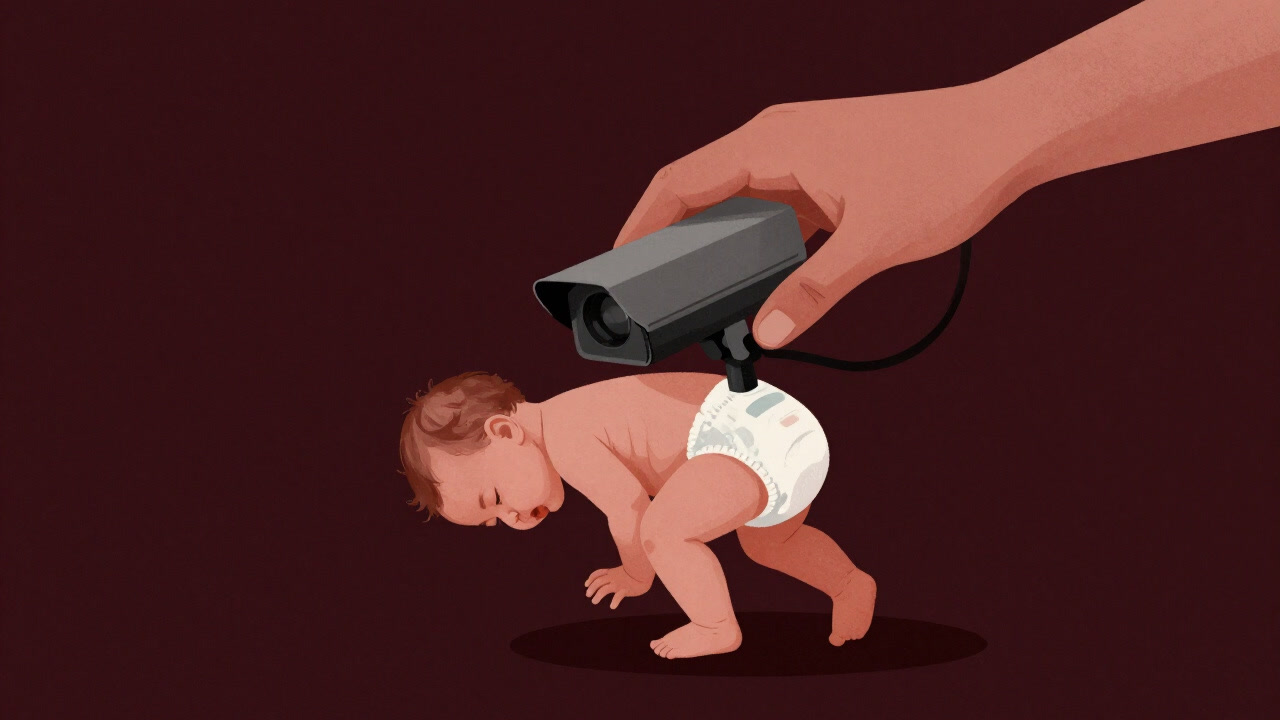 巨大な手が赤ん坊のおむつに監視カメラを設置しようとする、国家による生の管理を象徴するイラスト