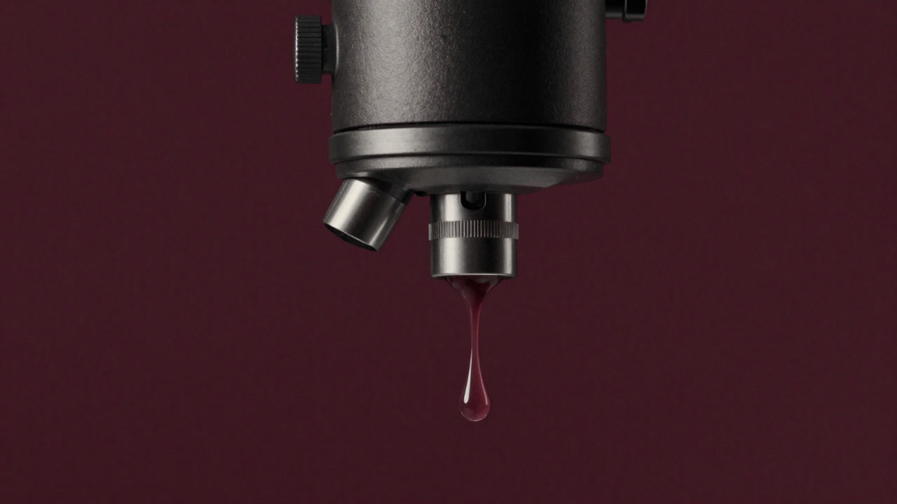 顕微鏡下でバイオインクがプリンターノズルから滴り落ちるクローズアップ