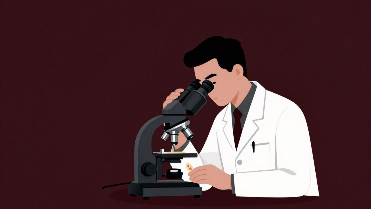 The back view of a doctor peering at a tissue sample under a grand microscope, evoking a ritual more majestic than any painkiller.