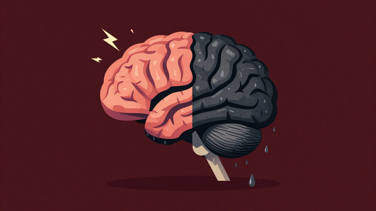 Illustration of a two-toned brain shaped like a human head, one half vibrant and bright, the other half dark and shadowed