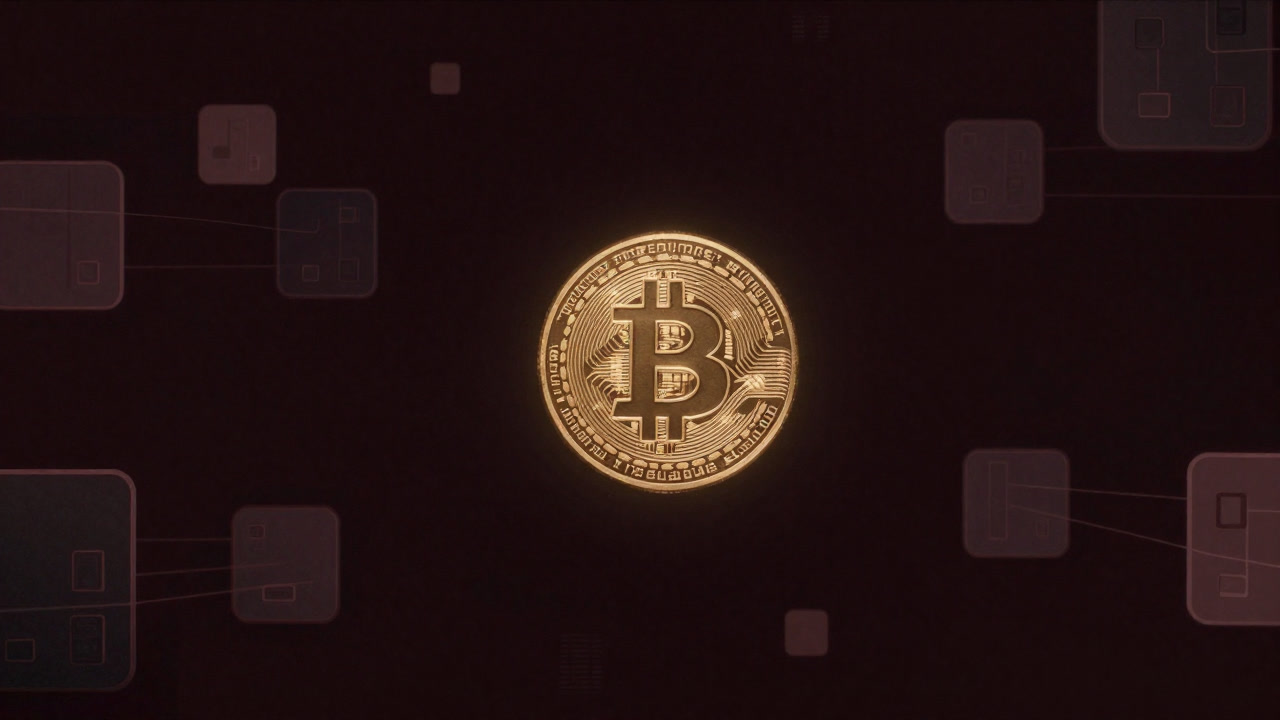 A glowing Bitcoin coin floating at the center against a background of creaking interlinked blocks in the dark.