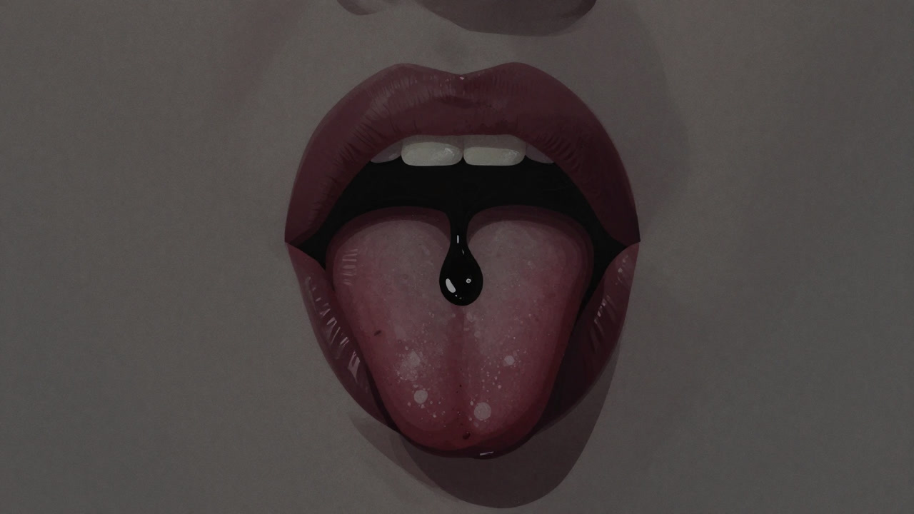 Illustration of a tongue coated in black liquid evoking disgust