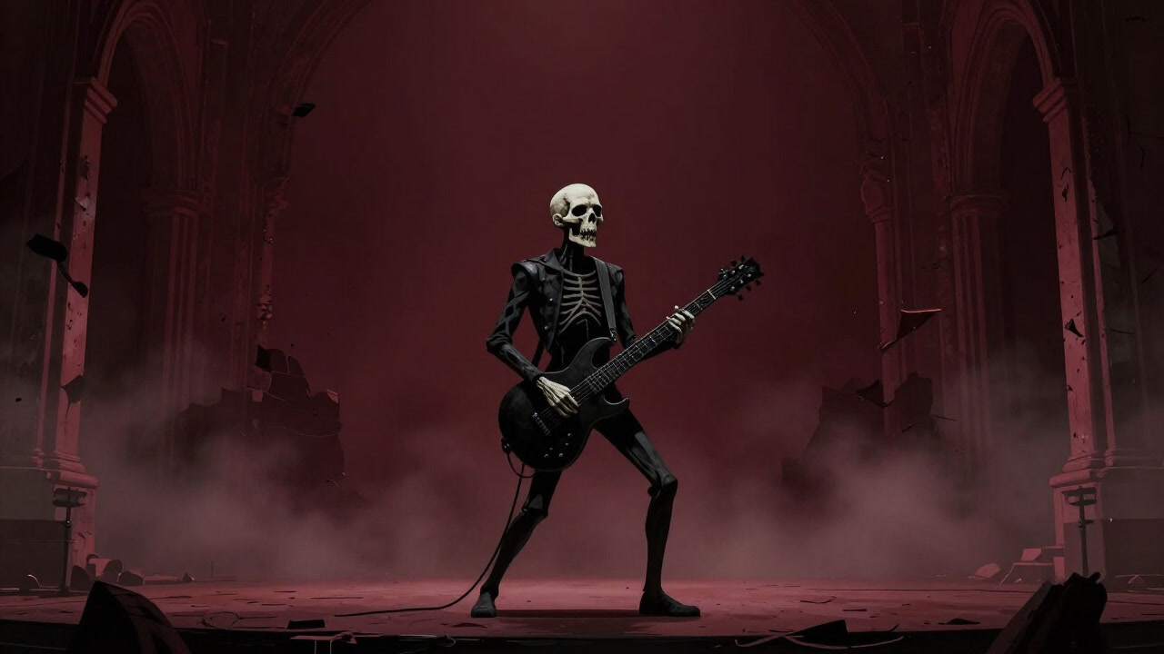 Silhouette of a corpse-painted band performing in fog at a ruined church at night.