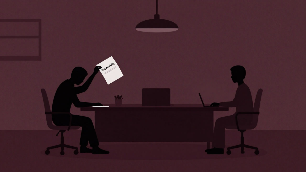 会議室で責任の書類を丸めて隣の席に投げるビジネスマンのシルエット