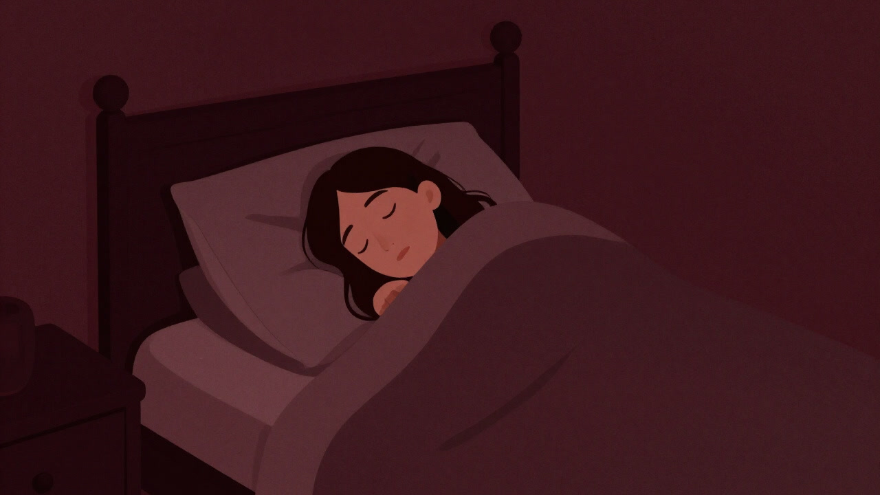 Illustration of a person curled up in a blanket, half-asleep and comforted in a warm room