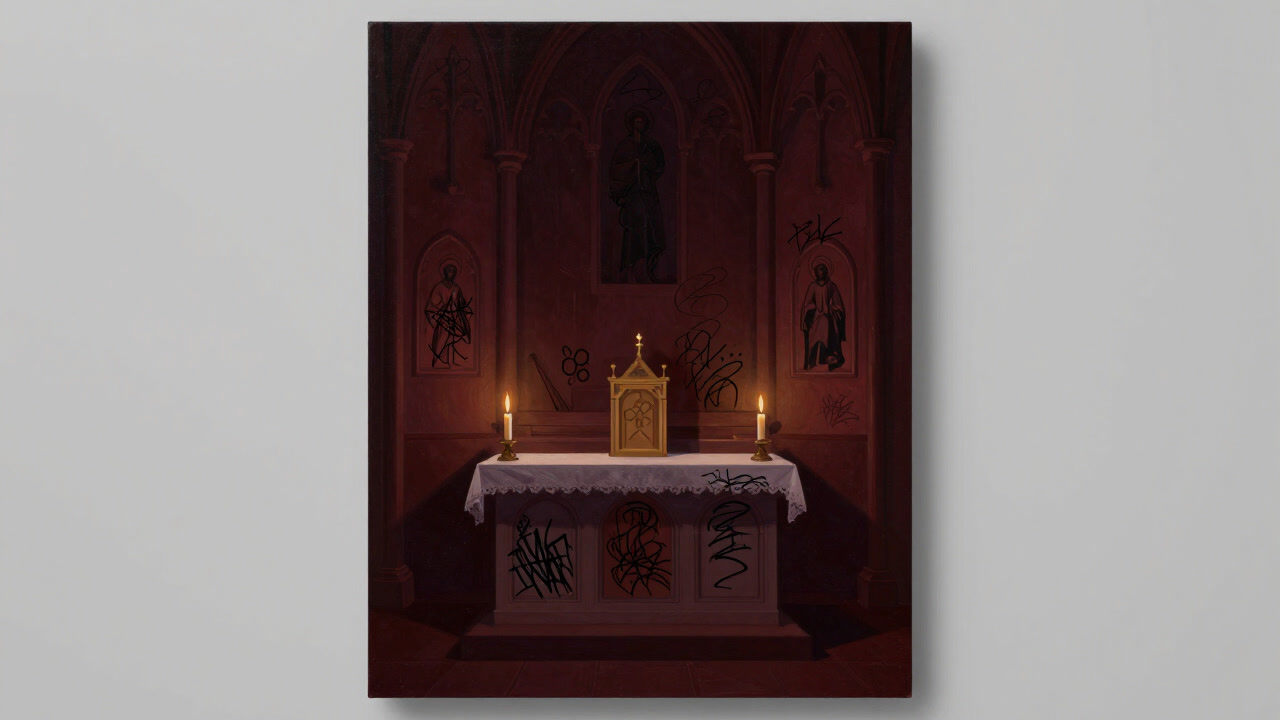 古い教会の祭壇に落書きされた奇妙な文字列を背景に、震える蝋燭の炎だけが揺れる光景