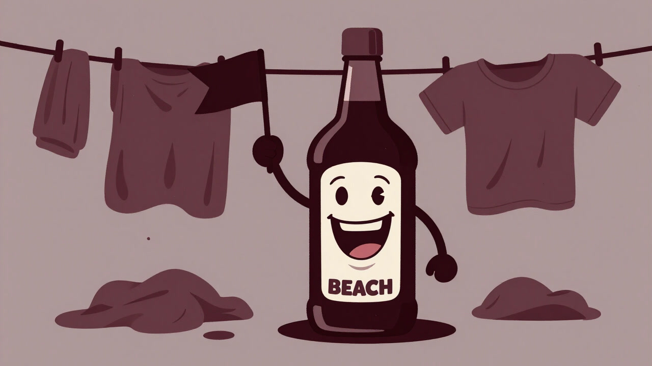 A bleach bottle character grinning triumphantly against a background of heavily stained shirts.