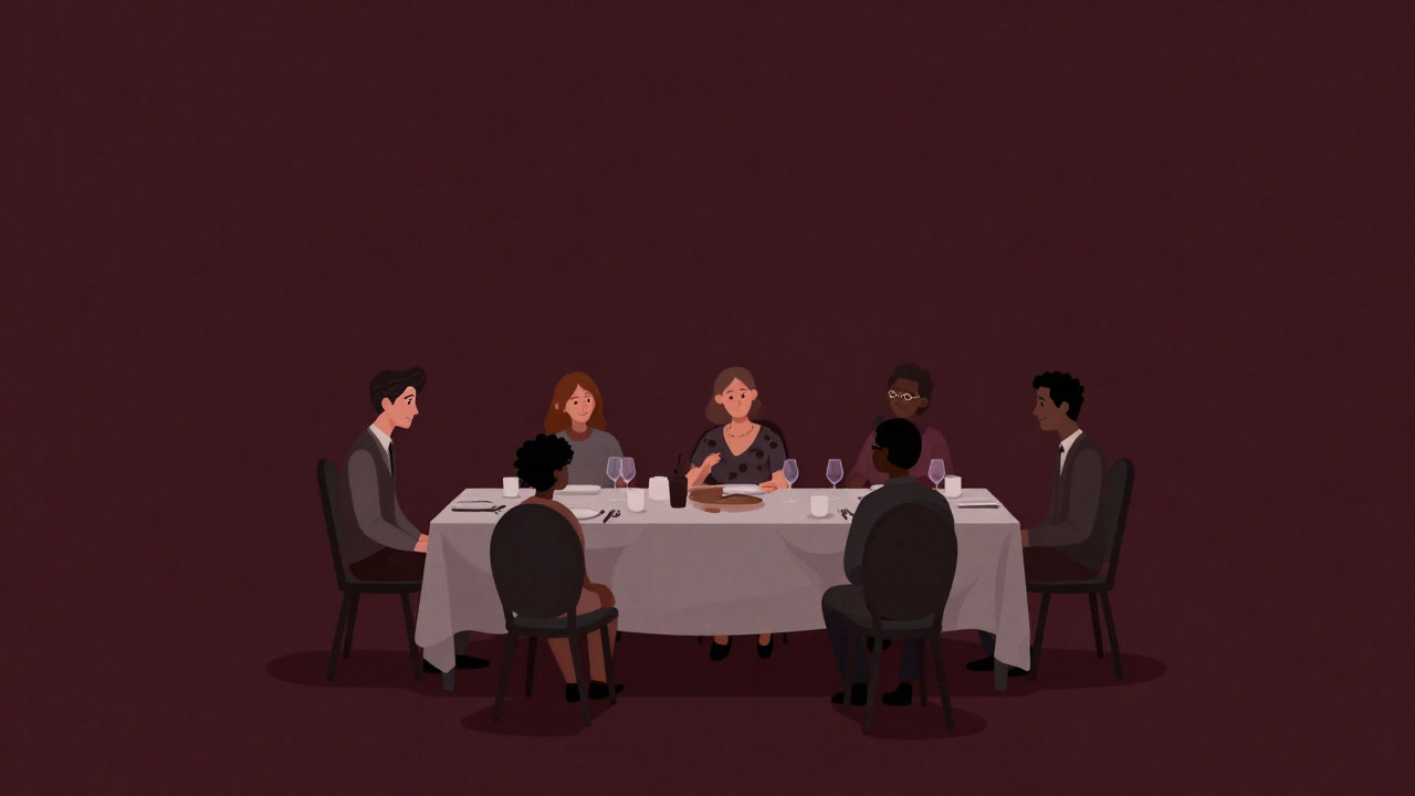 A group of people from different families awkwardly smiling and gathering around a dinner table under one roof