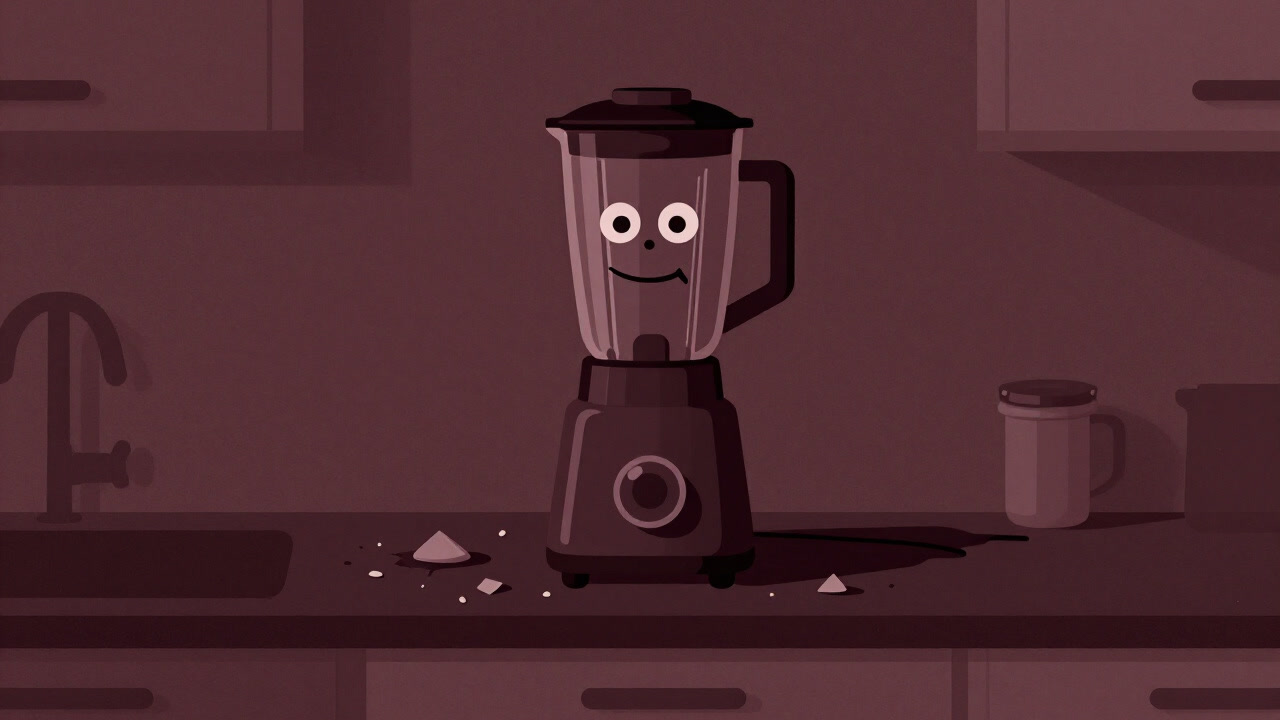 An image of a blender casually placed on a countertop, its dirty blades staring back as if making a sudden claim.