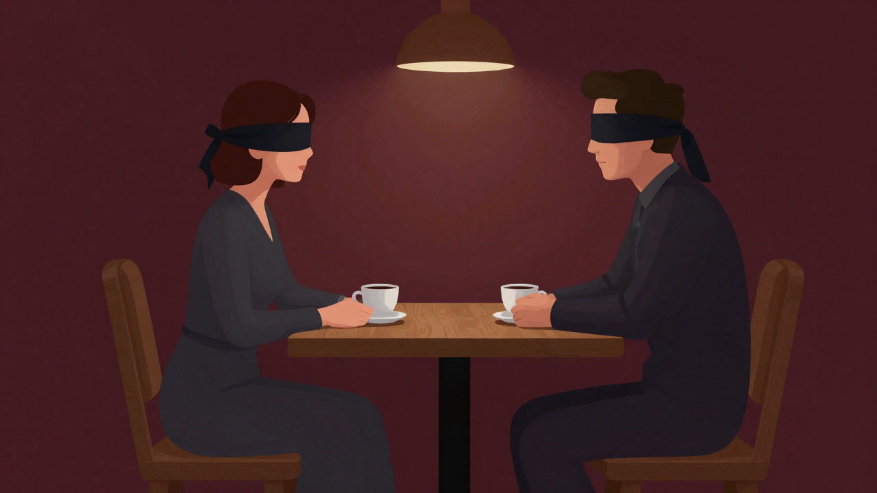 Illustration of a man and woman sitting across a cafe table, blindfolded.