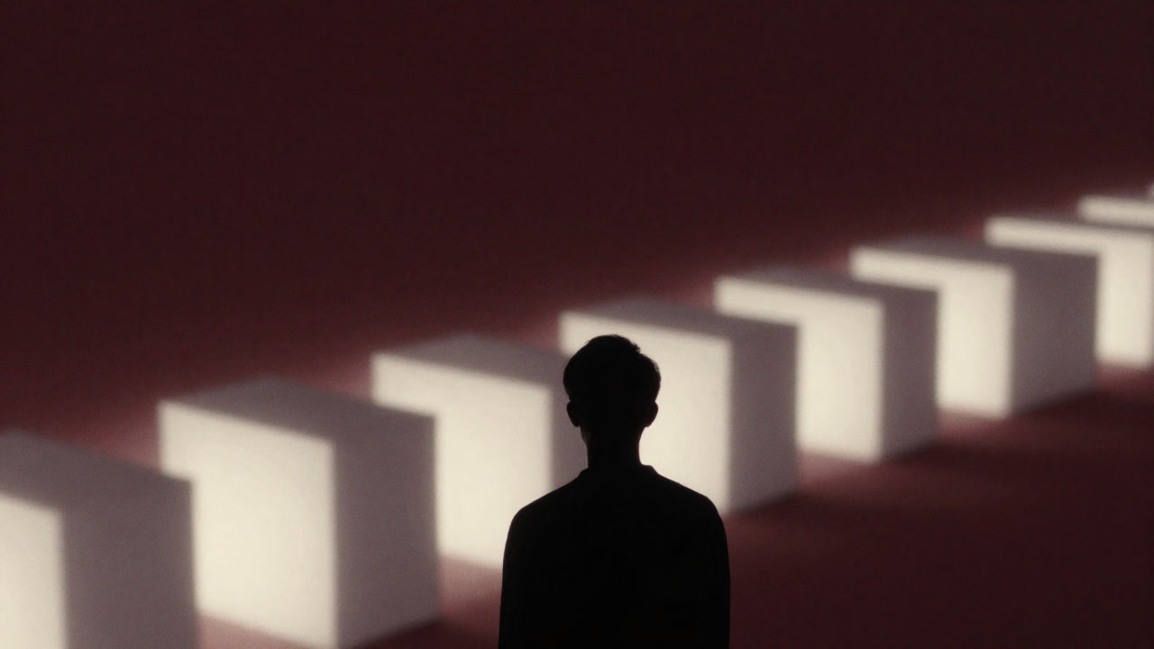Silhouette of a person gazing at an endless chain of interconnected blocks