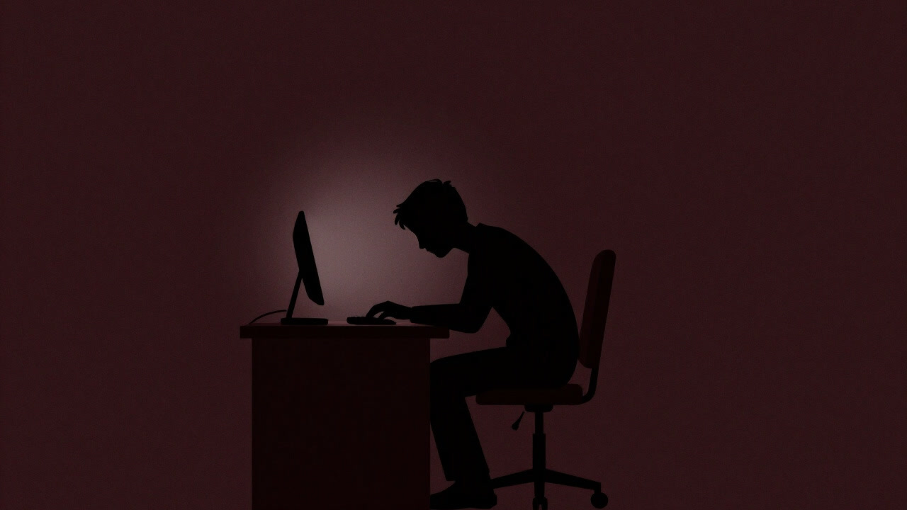 Silhouette of a blogger hunched over a keyboard at a desk lit only by a blinking lamp at midnight