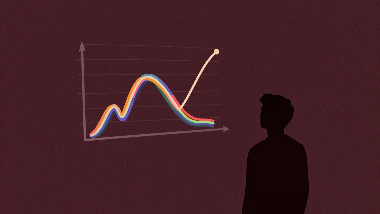 食後に揺れ動く血糖値を示すグラフと、それを見つめる憂い顔の人物のシルエット