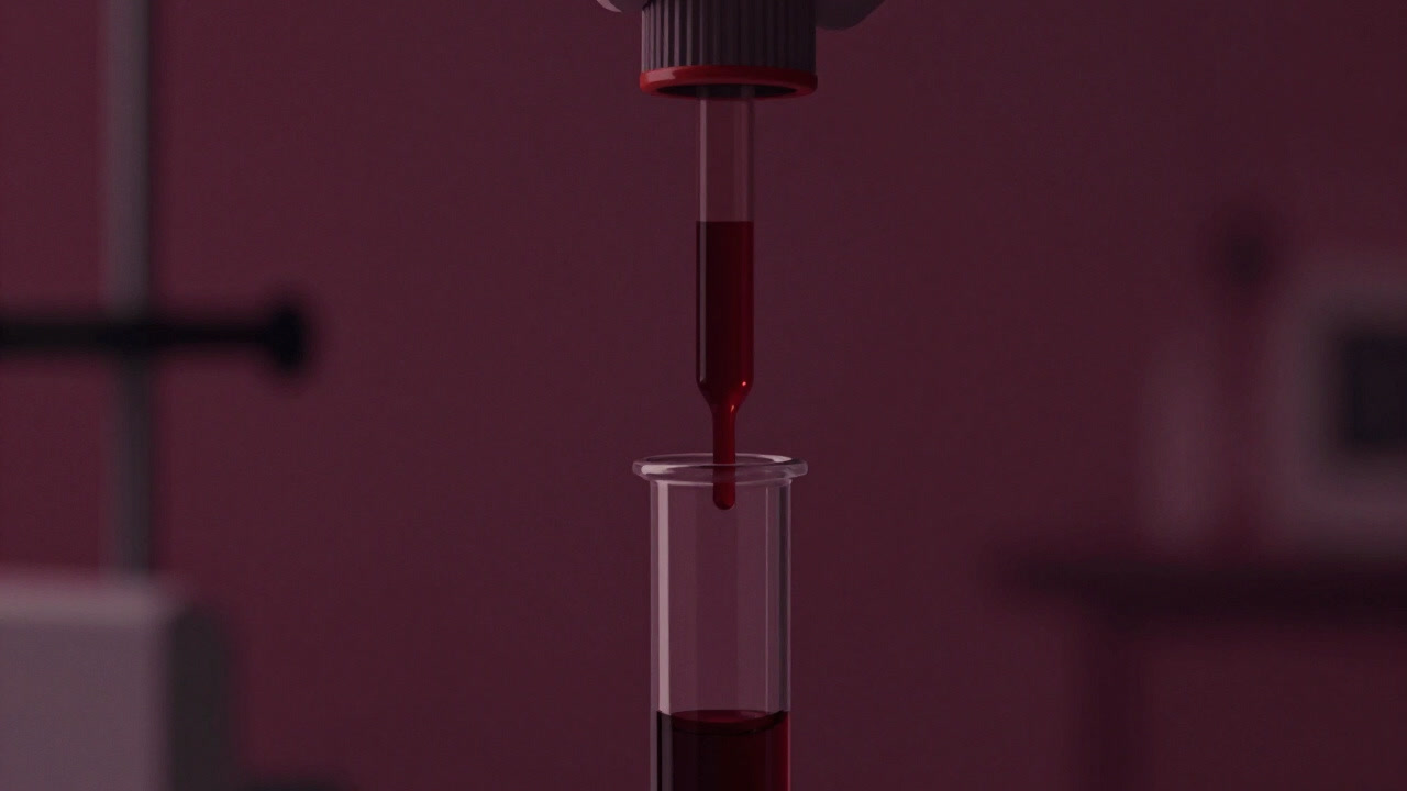 In a dim laboratory, the red glow of blood filling a test tube flickers eerily