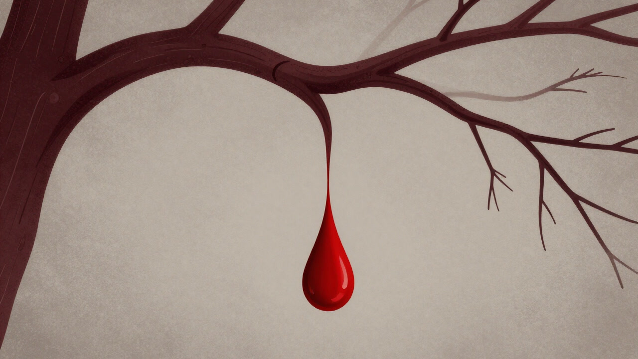 Illustration of a single drop of bright red blood dripping from human veins symbolizing lifes bitter irony