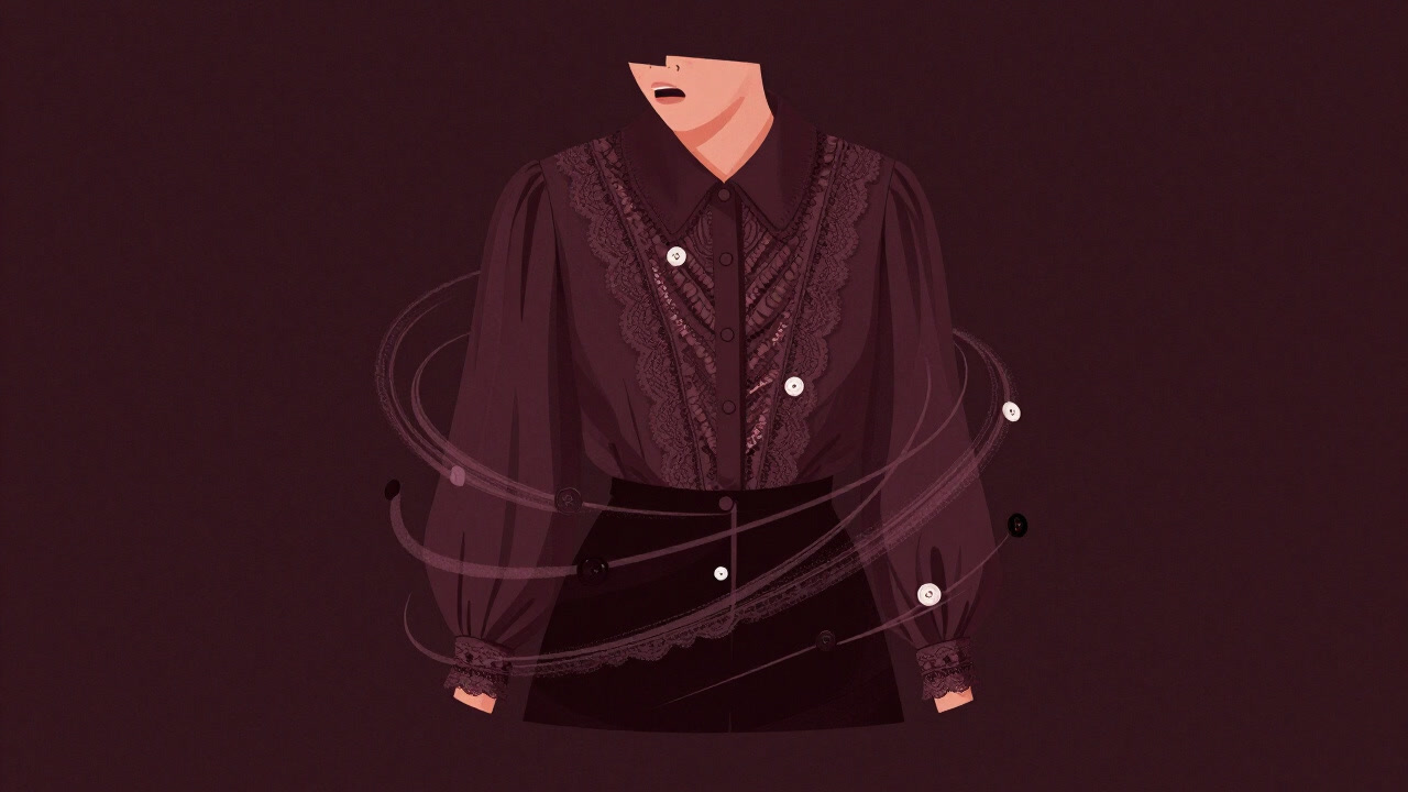 Illustration of an upper body of a woman wearing a blouse, surrounded by lace and buttons, with a pained expression