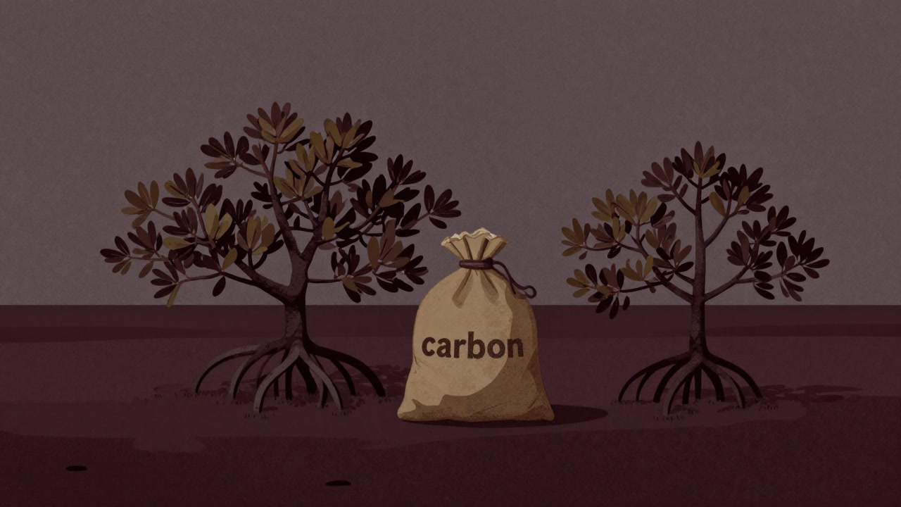 Illustration of mangroves in a wetland clutching a giant sack of carbon while straining to purify seawater