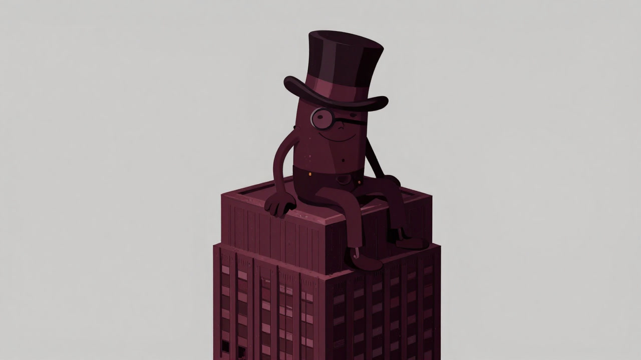 高層ビルの頂上に座り微笑む株価チャートの擬人化キャラクター