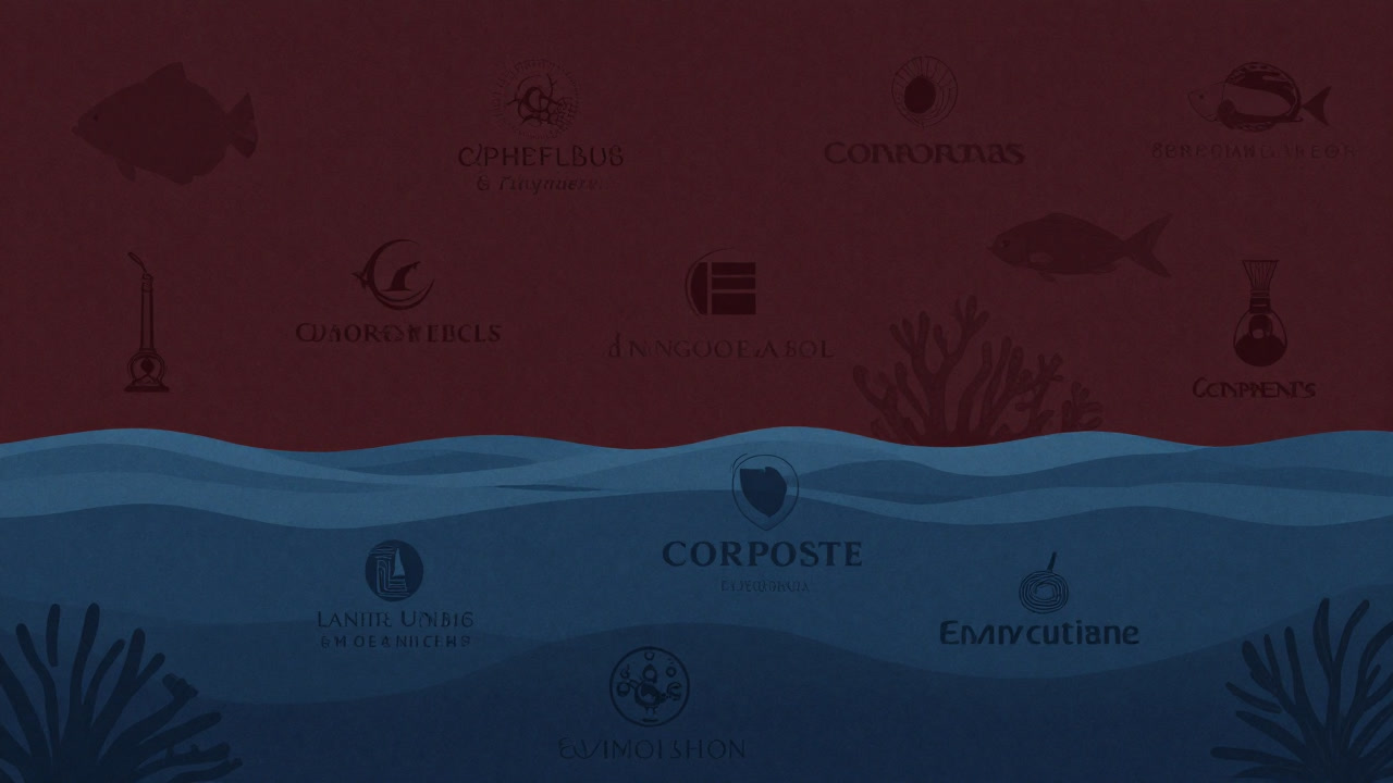 Composite image of corporate logos overlapping blue waves with faint marine life silhouettes in the background