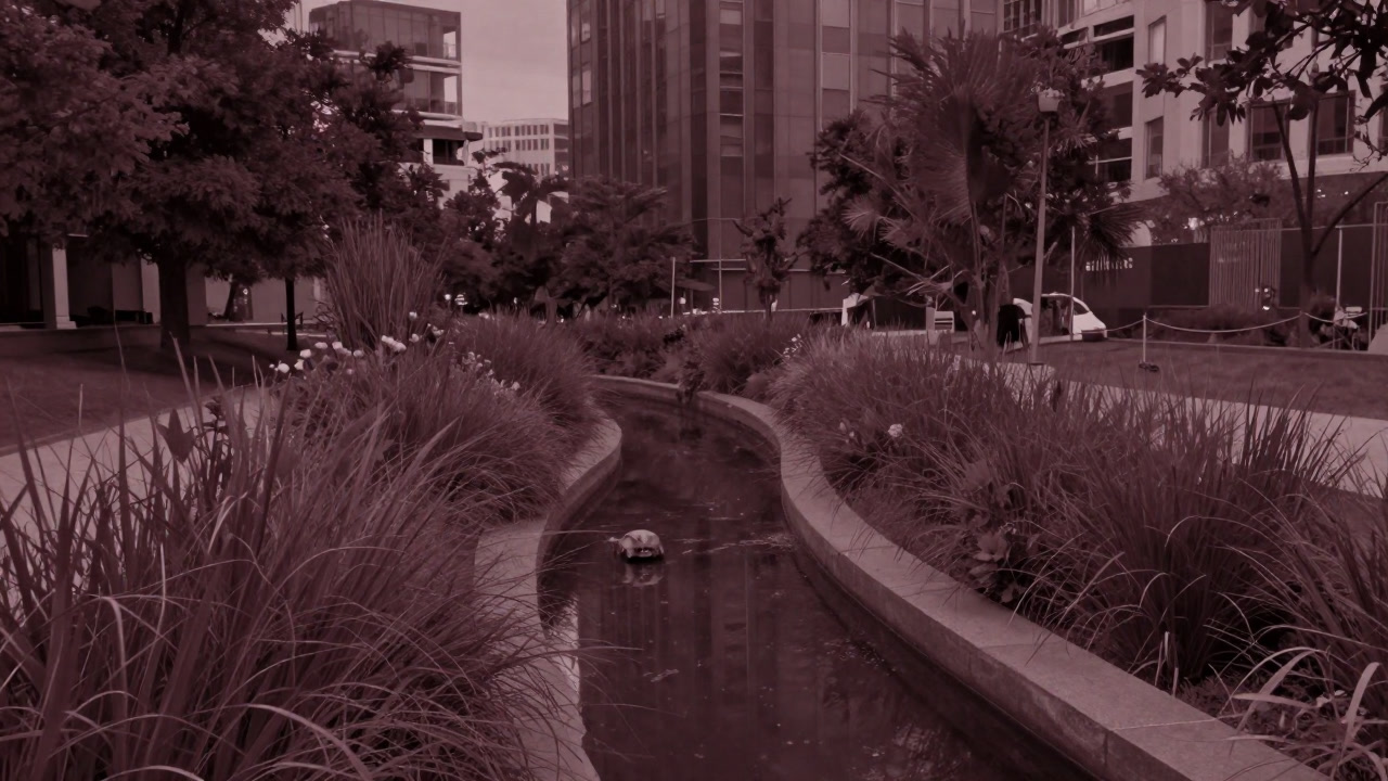 Photo of a shallow detention swale lined with dense plantings stretching across an urban greenway