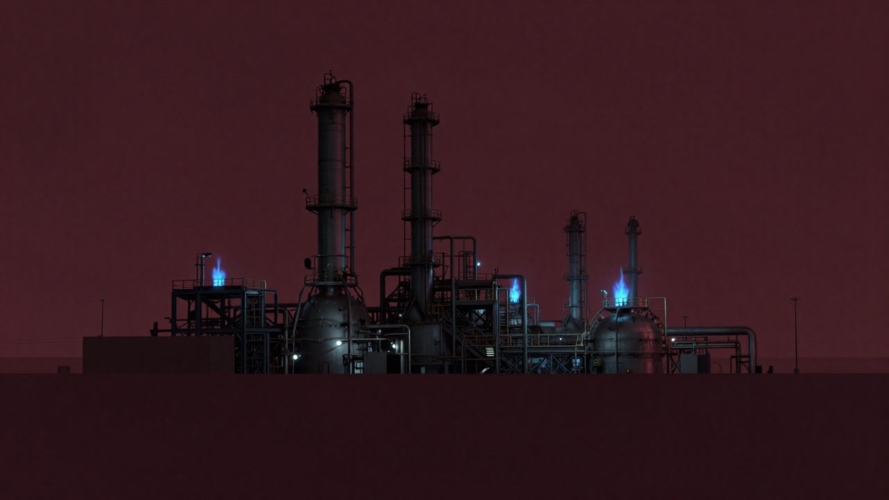 青く染まったプラント設備から煙が立ち上る、どこか不気味な夜景の画像