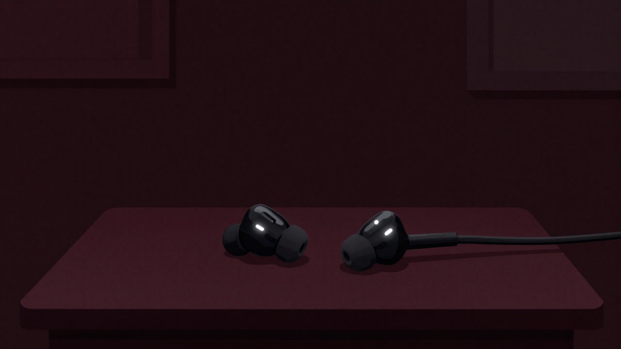 暗い部屋でランプが緩やかに点滅するBluetoothイヤホン