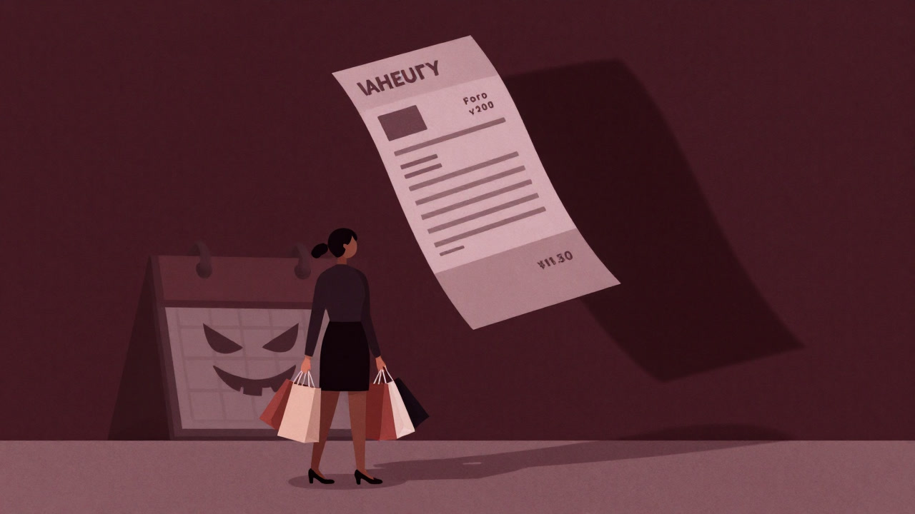 欲しいものを抱えながらも請求書の影に怯える人物と、遠くで笑うカレンダーのイラスト