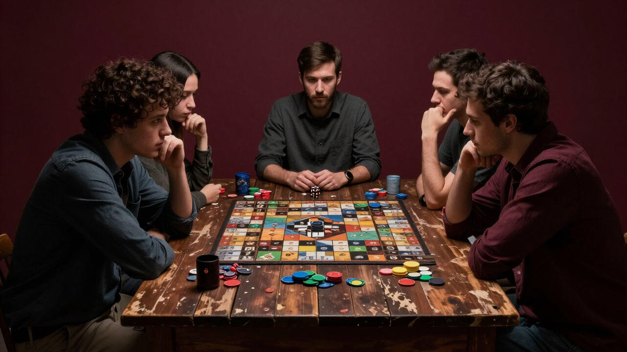 古びた木製テーブルの上で、多数の駒とボードが散乱し、プレイヤーの疑い深い視線が飛び交う様子を捉えた画像