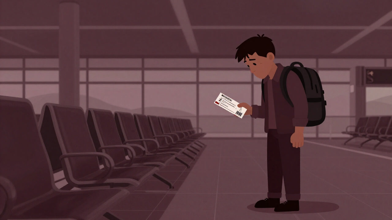 搭乗ゲートで退屈そうに列に並び、折り目のついた搭乗券を見つめる乗客の姿