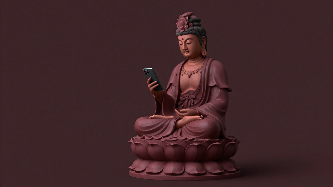 Image of a bodhisattva statue elegantly seated on a lotus, casually using a smartphone beside its divine calm expression.