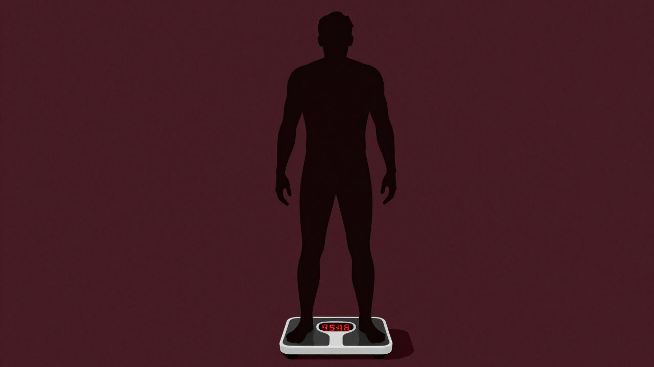 Illustration of an adult silhouette trembling in fear as a body fat scale flashes red.