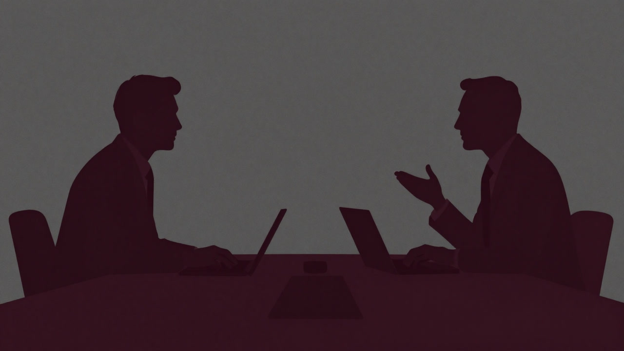 会議室のテーブル越しに互いの身体言語を読み合う二人の影絵