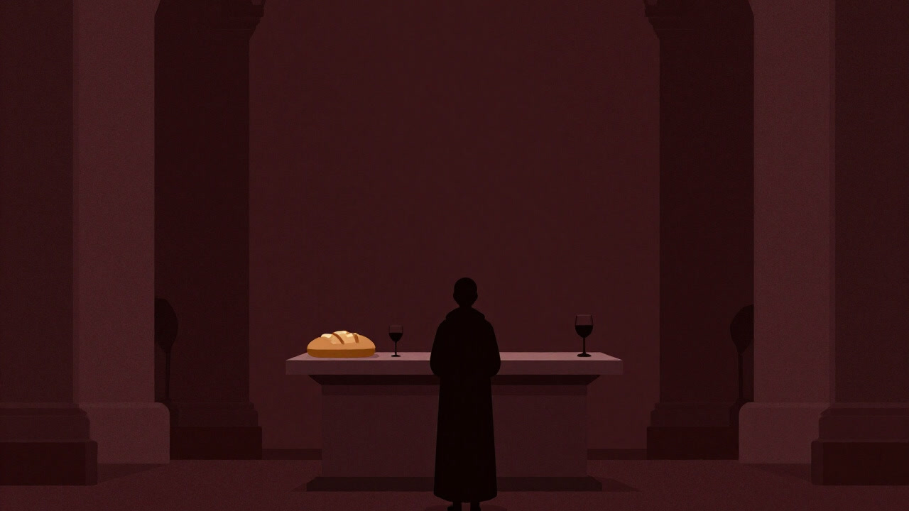 厳かな教会で祭壇に並ぶパンとワインを前に静かに祈る信者のシルエット