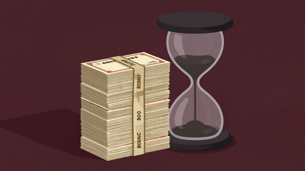 山積みの債券証書が砂時計の前に積まれ、時間に縛られる不安を表現したイラスト