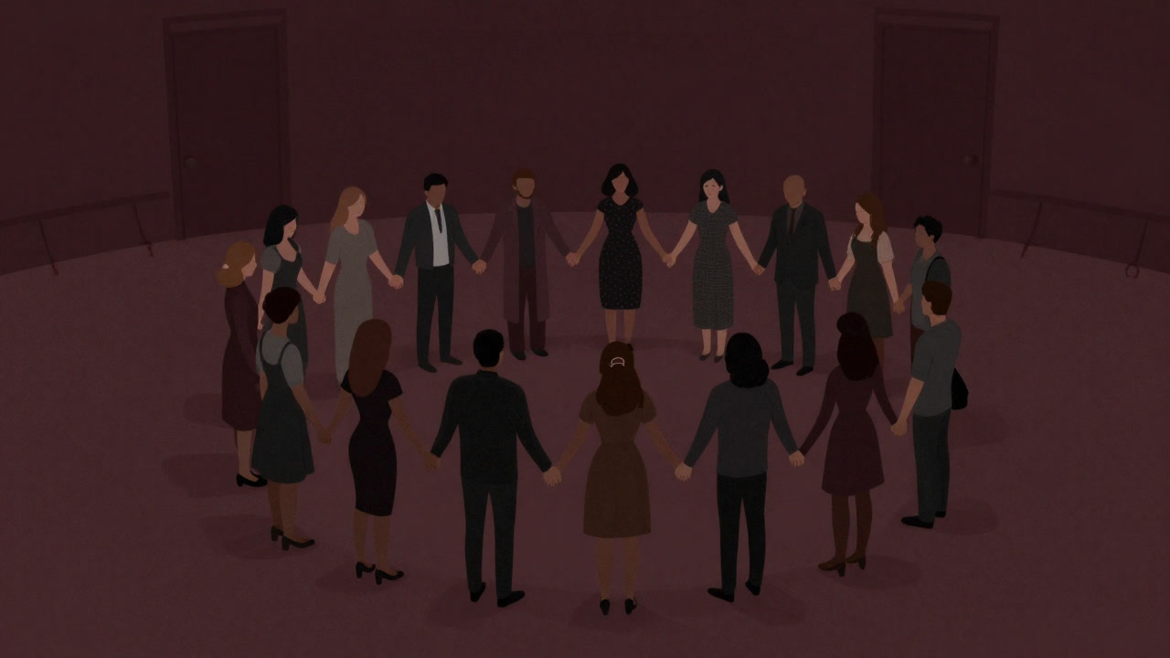 丸く円を描いて手を取り合い、無言で互いの依存を確認し合う人々のシルエット