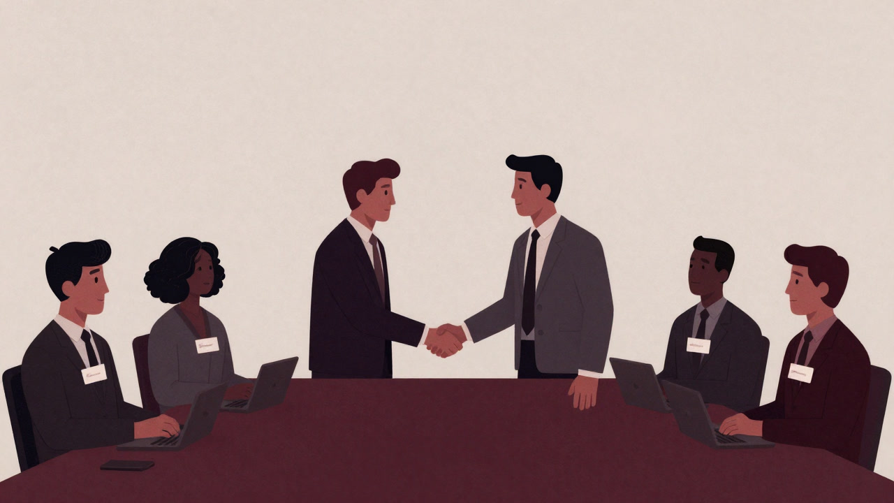 People with name tags awkwardly shaking hands in a conference room