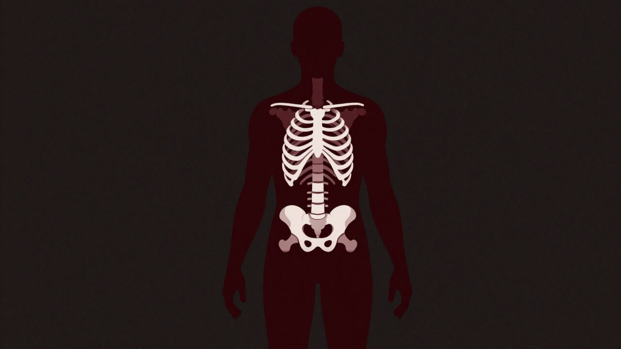 Silhouette of a human body with bones highlighted in white.